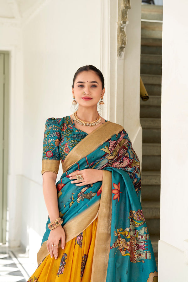 Enchanting Yellow Dola Silk Lehenga Choli with Kalamkari Print ClothsVilla