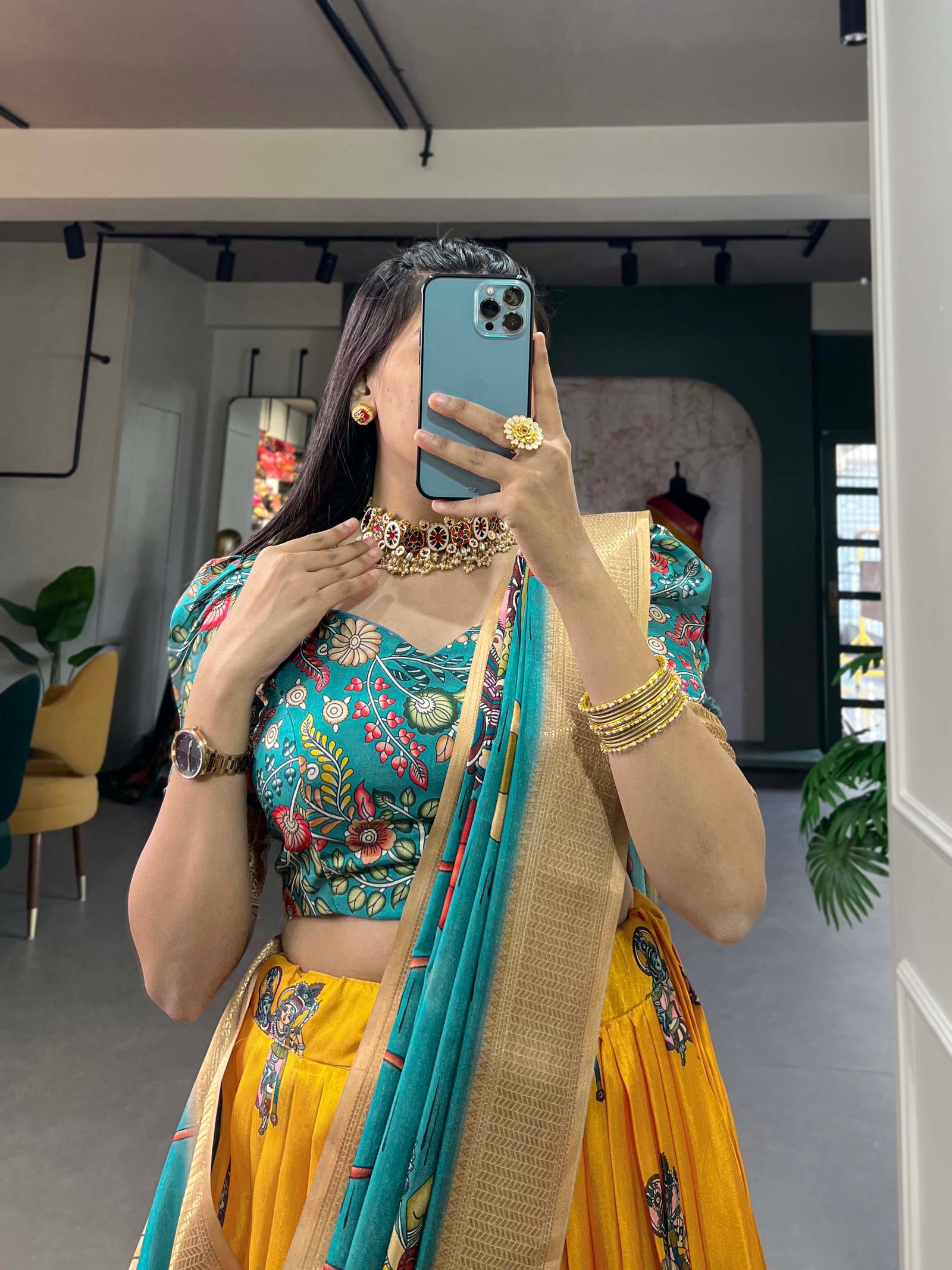 Enchanting Yellow Dola Silk Lehenga Choli with Kalamkari Print ClothsVilla