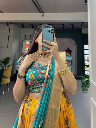 Enchanting Yellow Dola Silk Lehenga Choli with Kalamkari Print ClothsVilla