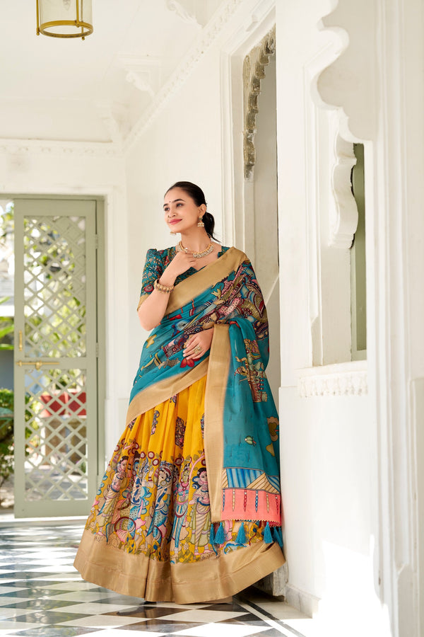 Enchanting Yellow Dola Silk Lehenga Choli with Kalamkari Print ClothsVilla