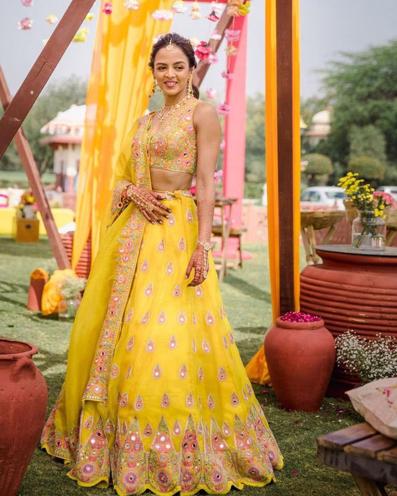 Enthralling Georgette Yellow Lehenga Choli Set with Mirror Embroidery Secondary image