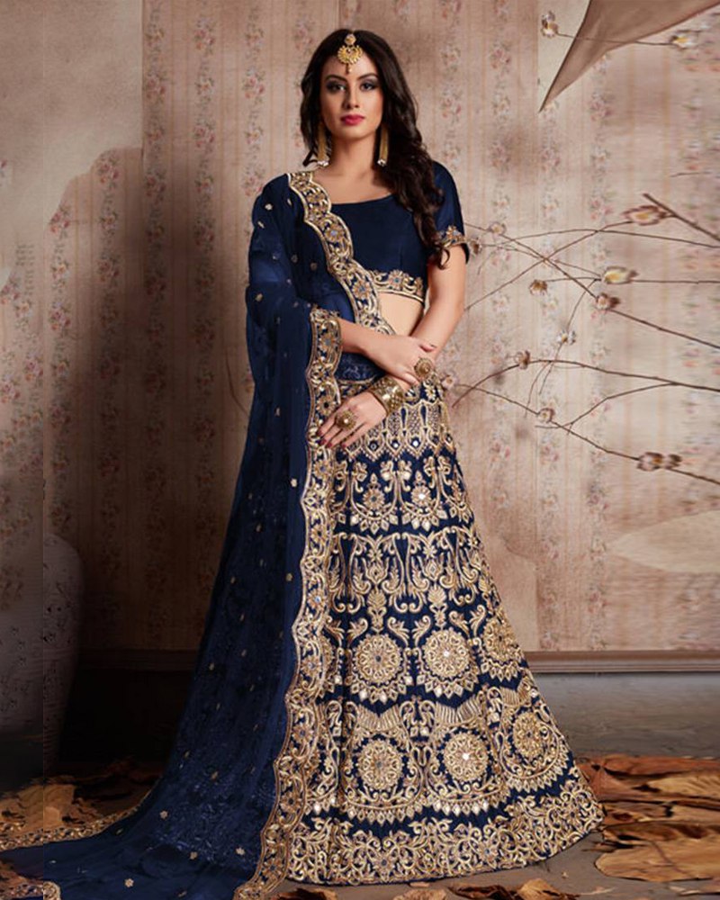 Enthralling Velvet Silk Blue Lehenga Choli Set with Jari-Dori Embroidery (Copy) ClothsVilla