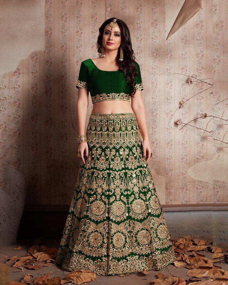 Enthralling Velvet Silk Green Lehenga Choli Set with Jari-Dori Embroidery ClothsVilla