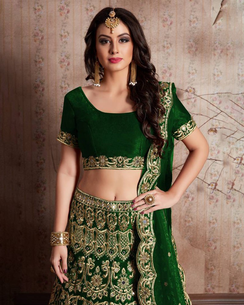 Enthralling Velvet Silk Green Lehenga Choli Set with Jari-Dori Embroidery ClothsVilla