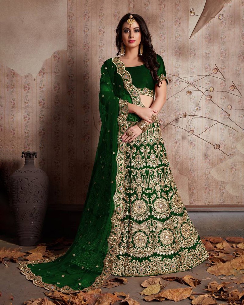 Enthralling Velvet Silk Green Lehenga Choli Set with Jari-Dori Embroidery ClothsVilla