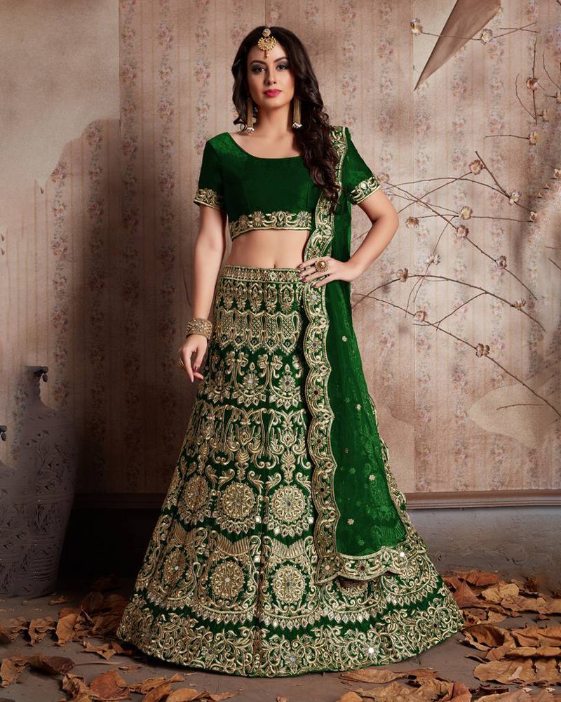 Enthralling Velvet Silk Green Lehenga Choli Set with Jari-Dori Embroidery ClothsVilla