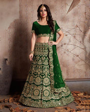 Load image into Gallery viewer, Enthralling Velvet Silk Green Lehenga Choli Set with Jari-Dori Embroidery ClothsVilla