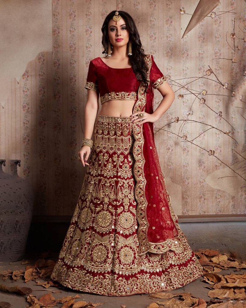 Enthralling Velvet Silk Red Lehenga Choli Set with Jari-Dori Embroidery ClothsVilla