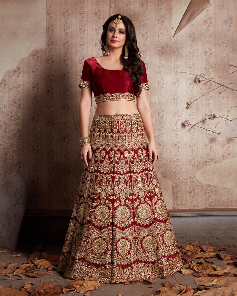 Enthralling Velvet Silk Red Lehenga Choli Set with Jari-Dori Embroidery ClothsVilla