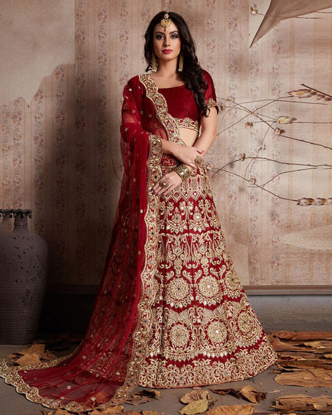 Enthralling Velvet Silk Red Lehenga Choli Set with Jari-Dori Embroidery ClothsVilla Main image