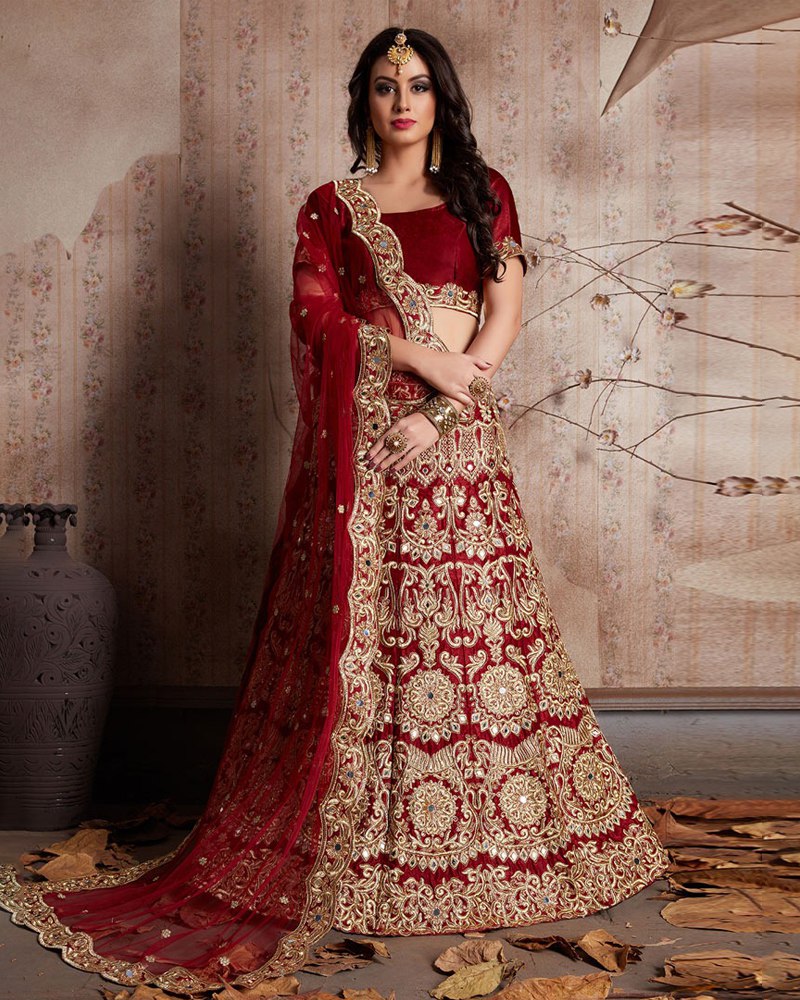Enthralling Velvet Silk Red Lehenga Choli Set with Jari-Dori Embroidery ClothsVilla Main image