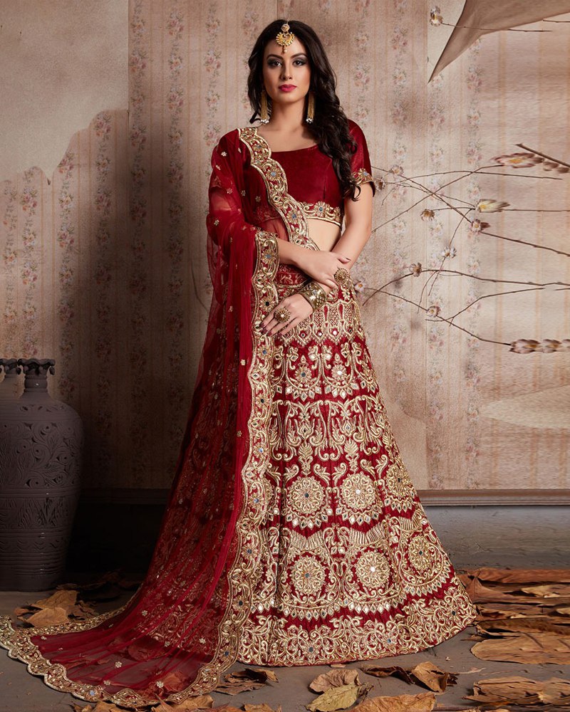 Enthralling Velvet Silk Red Lehenga Choli Set with Jari-Dori Embroidery ClothsVilla