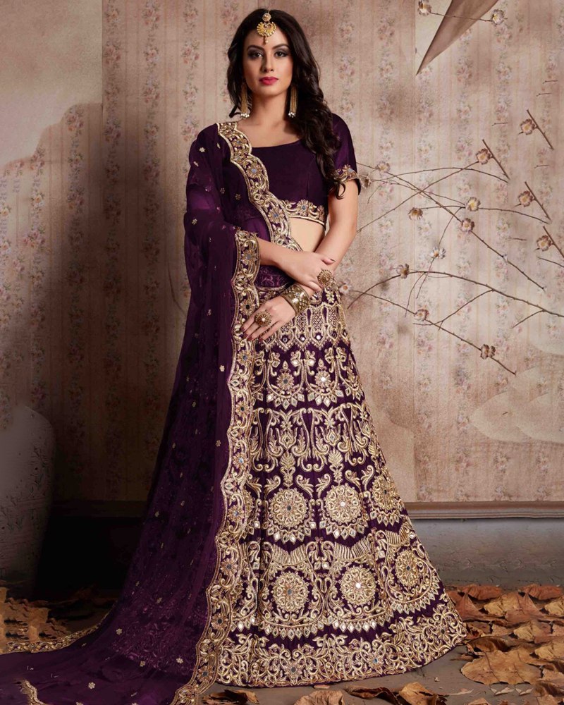 Enthralling Velvet Silk Wine Lehenga Choli Set with Jari-Dori Embroidery ClothsVilla Main image