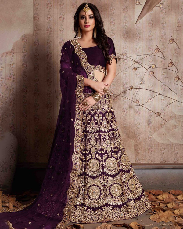 Enthralling Velvet Silk Wine Lehenga Choli Set with Jari-Dori Embroidery ClothsVilla