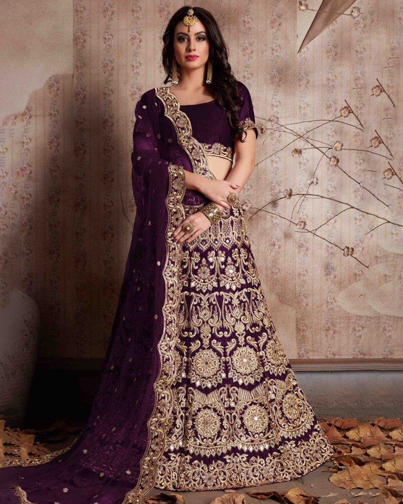 Enthralling Velvet Silk Wine Lehenga Choli Set with Jari-Dori Embroidery ClothsVilla