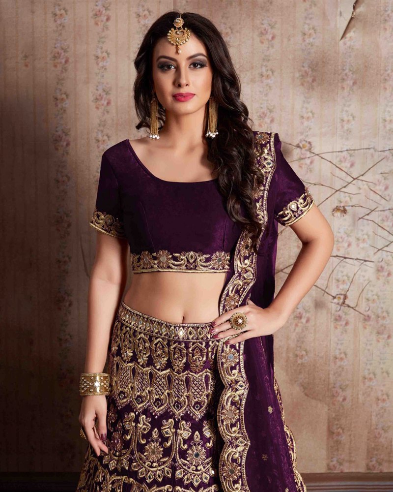 Enthralling Velvet Silk Wine Lehenga Choli Set with Jari-Dori Embroidery ClothsVilla