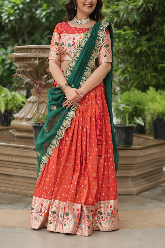 Trending Jequard Lehenga Choli with Russian Silk Embroidered Dupatta – Elegant Orange ClothsVilla