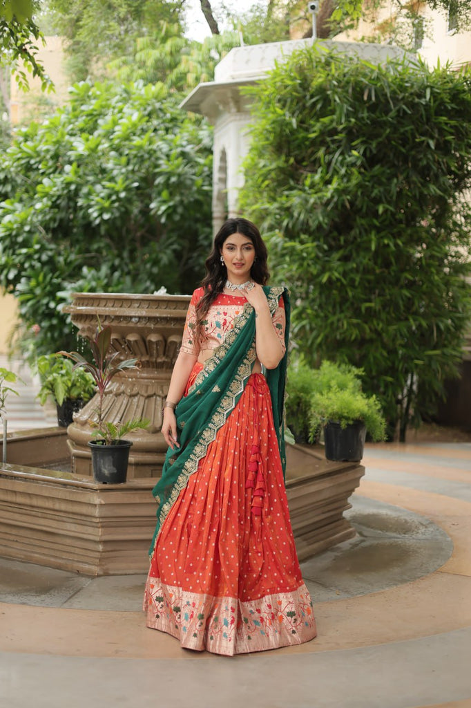 Trending Jequard Lehenga Choli with Russian Silk Embroidered Dupatta – Elegant Orange ClothsVilla