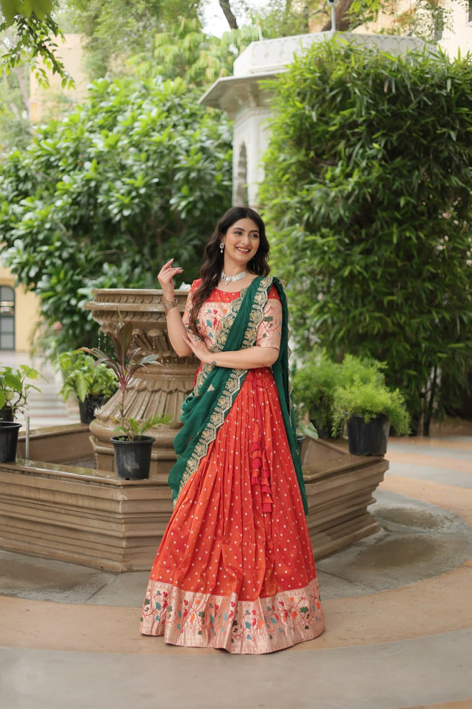 Trending Jequard Lehenga Choli with Russian Silk Embroidered Dupatta – Elegant Orange ClothsVilla