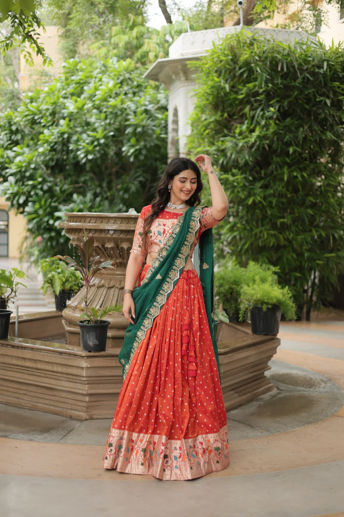 Trending Jequard Lehenga Choli with Russian Silk Embroidered Dupatta – Elegant Orange ClothsVilla