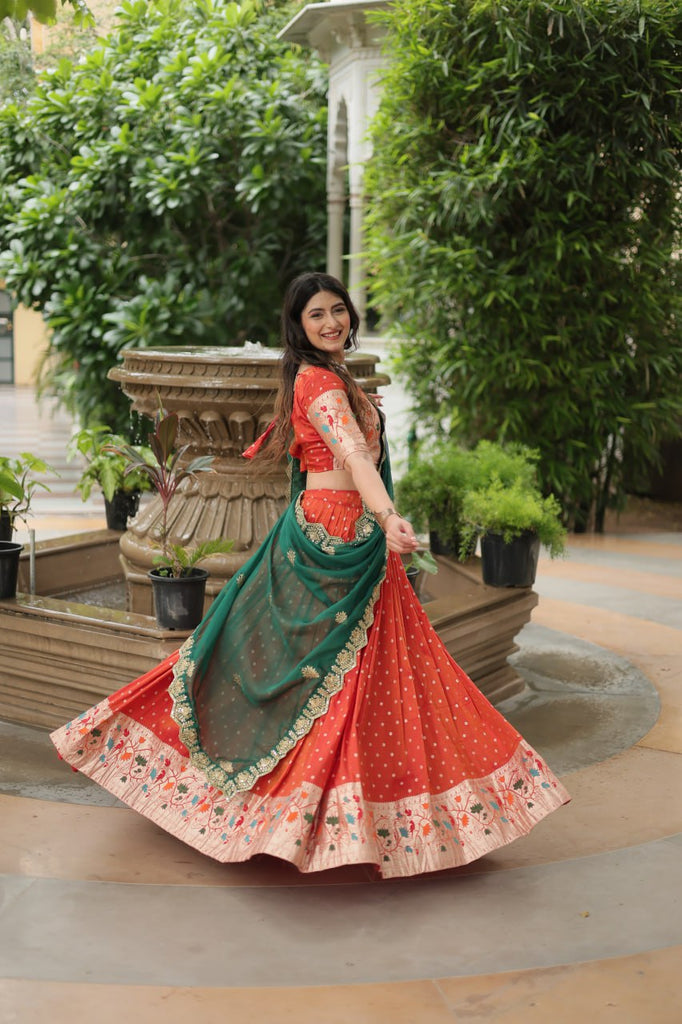 Trending Jequard Lehenga Choli with Russian Silk Embroidered Dupatta – Elegant Orange ClothsVilla