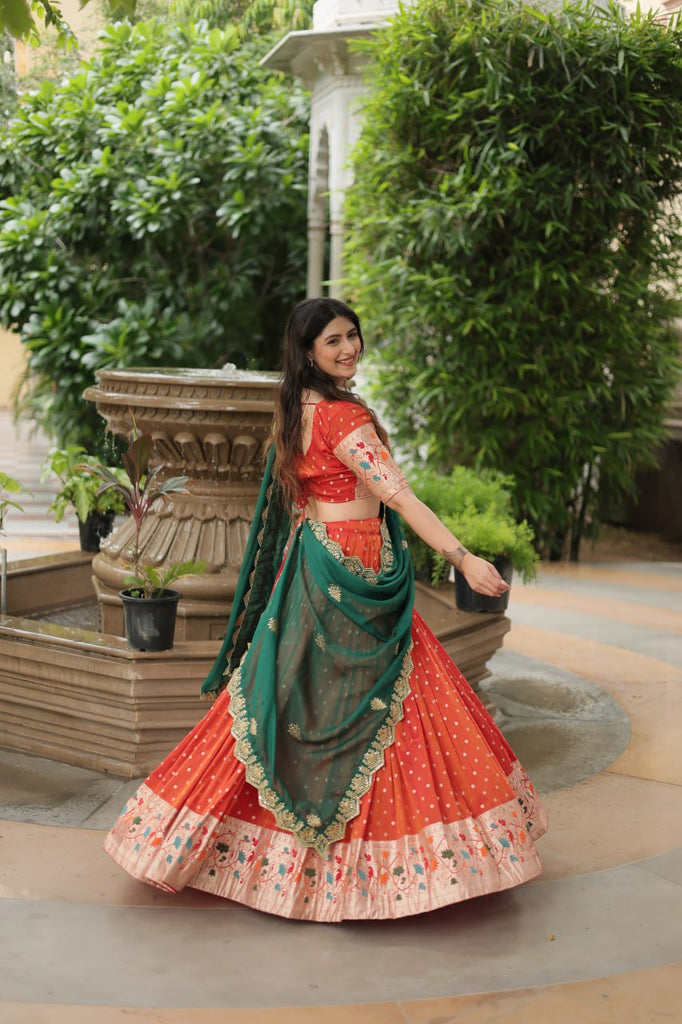 Trending Jequard Lehenga Choli with Russian Silk Embroidered Dupatta – Elegant Orange ClothsVilla