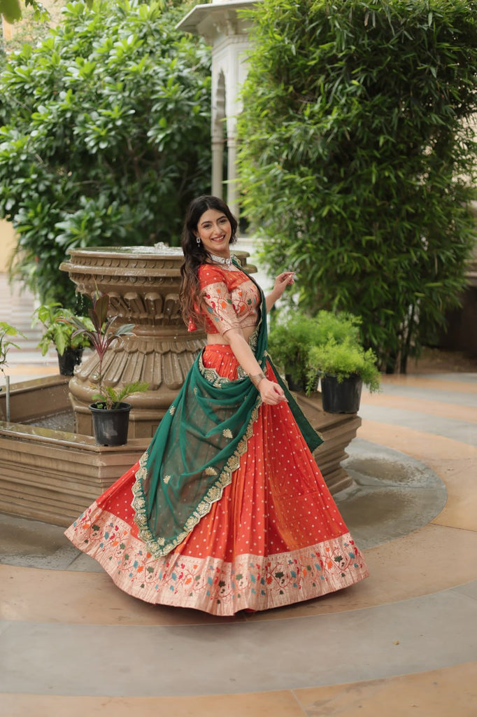 Trending Jequard Lehenga Choli with Russian Silk Embroidered Dupatta – Elegant Orange ClothsVilla