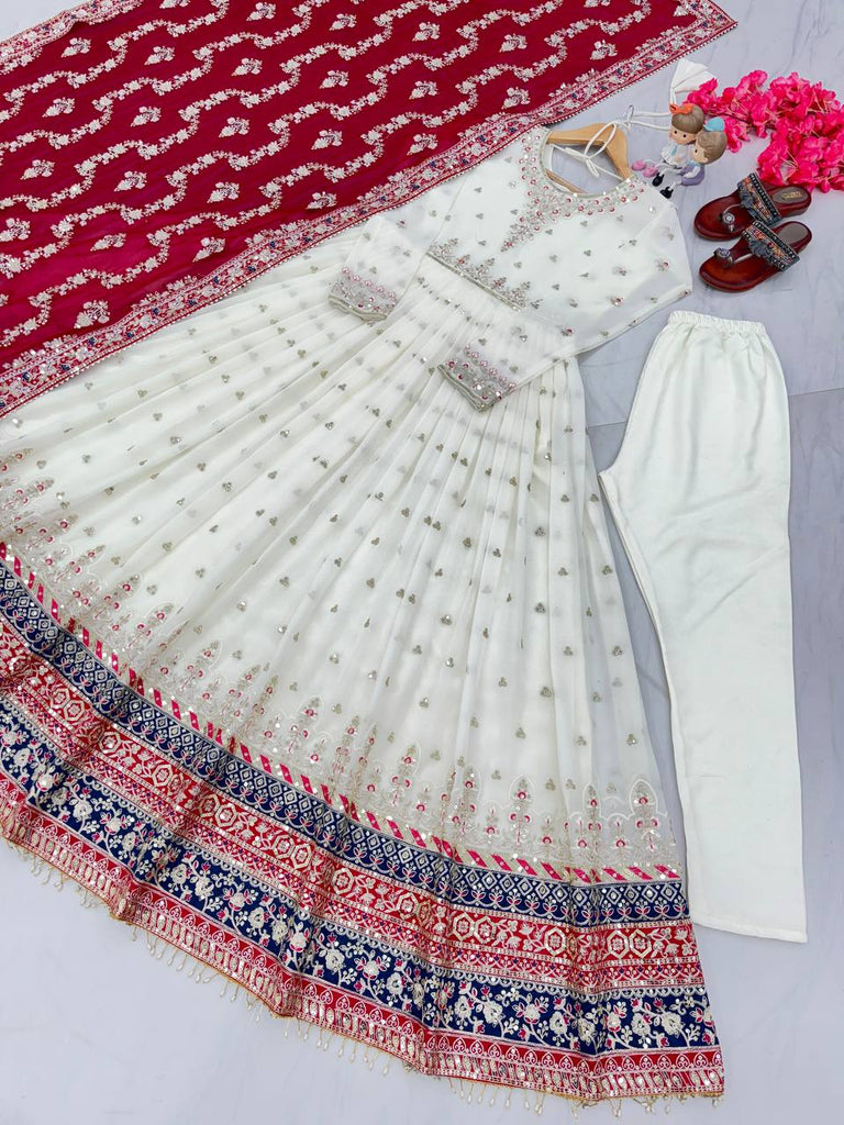 Exclusive White Festival & Party Wear Heavy Faux Georgette Gown with Dupatta & Bottom Set ClothsVilla