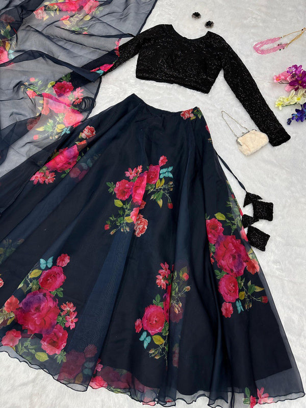 Exquisite Black Floral Lehenga Set ClothsVilla