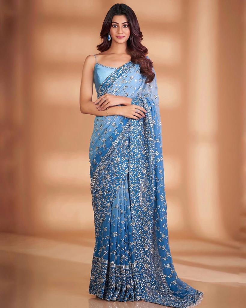 Exquisite Blue Embroidered Saree: Luxury Georgette with Heavy Sequins & Lace ClothsVilla