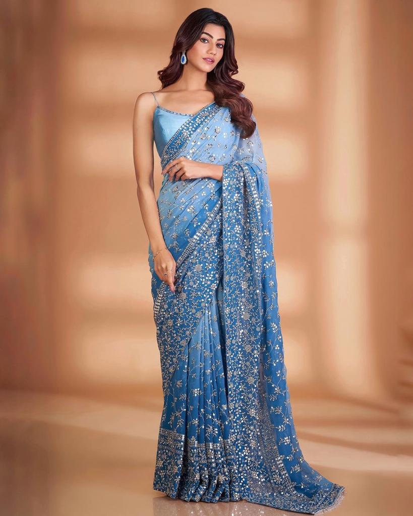 Exquisite Blue Embroidered Saree: Luxury Georgette with Heavy Sequins & Lace ClothsVilla