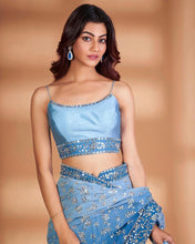 Load image into Gallery viewer, Exquisite Blue Embroidered Saree: Luxury Georgette with Heavy Sequins &amp; Lace ClothsVilla