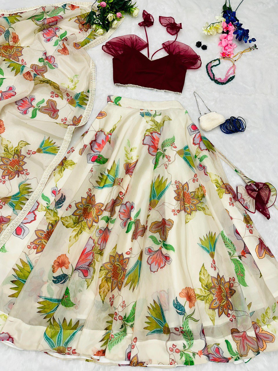 Exquisite Cream Modern Lehenga Choli Set: Soft Net Blouse & Digital Printed Organza Lehnga ClothsVilla