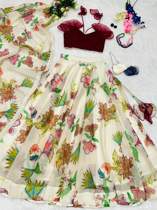 Exquisite Cream Modern Lehenga Choli Set: Soft Net Blouse & Digital Printed Organza Lehnga ClothsVilla
