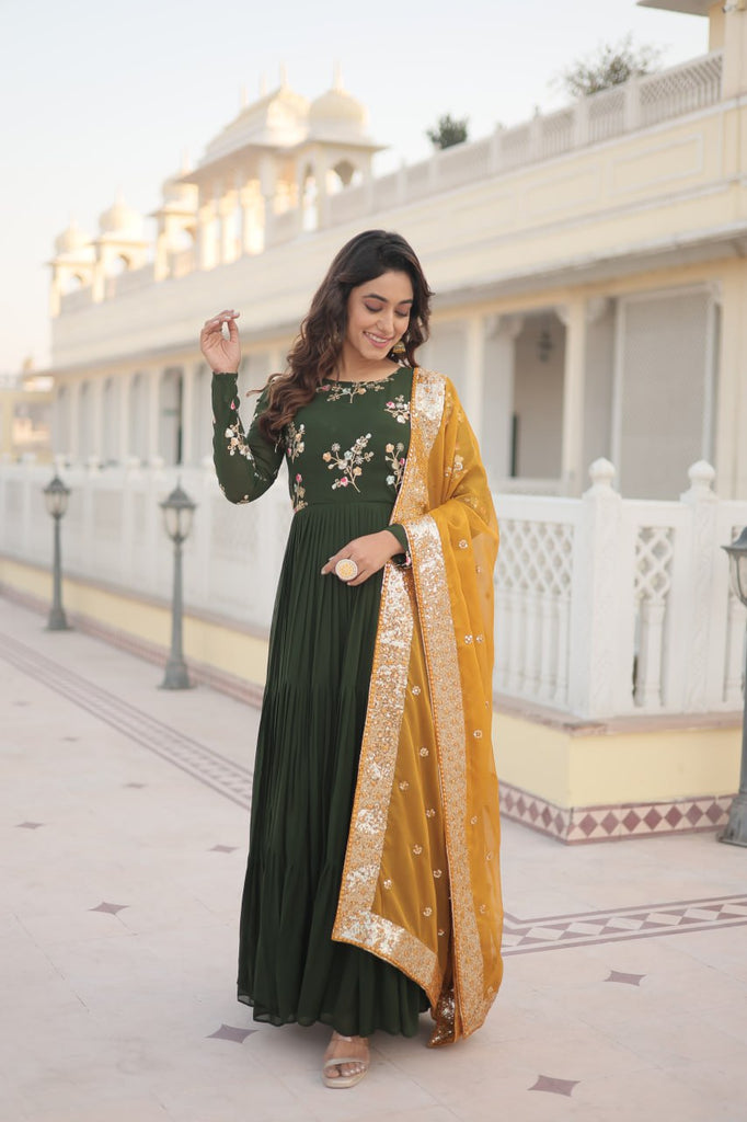 Exquisite Green Faux Georgette Gown with Embroidered Threadwork and Russian Silk Dupatta ClothsVilla