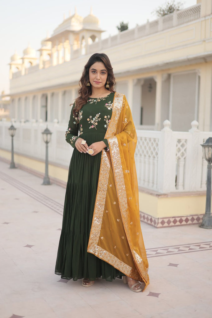 Exquisite Green Faux Georgette Gown with Embroidered Threadwork and Russian Silk Dupatta ClothsVilla