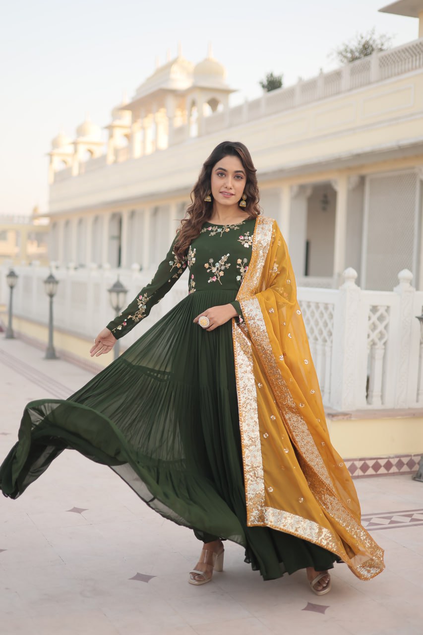 Exquisite Green Faux Georgette Gown with Embroidered Threadwork and Russian Silk Dupatta ClothsVilla