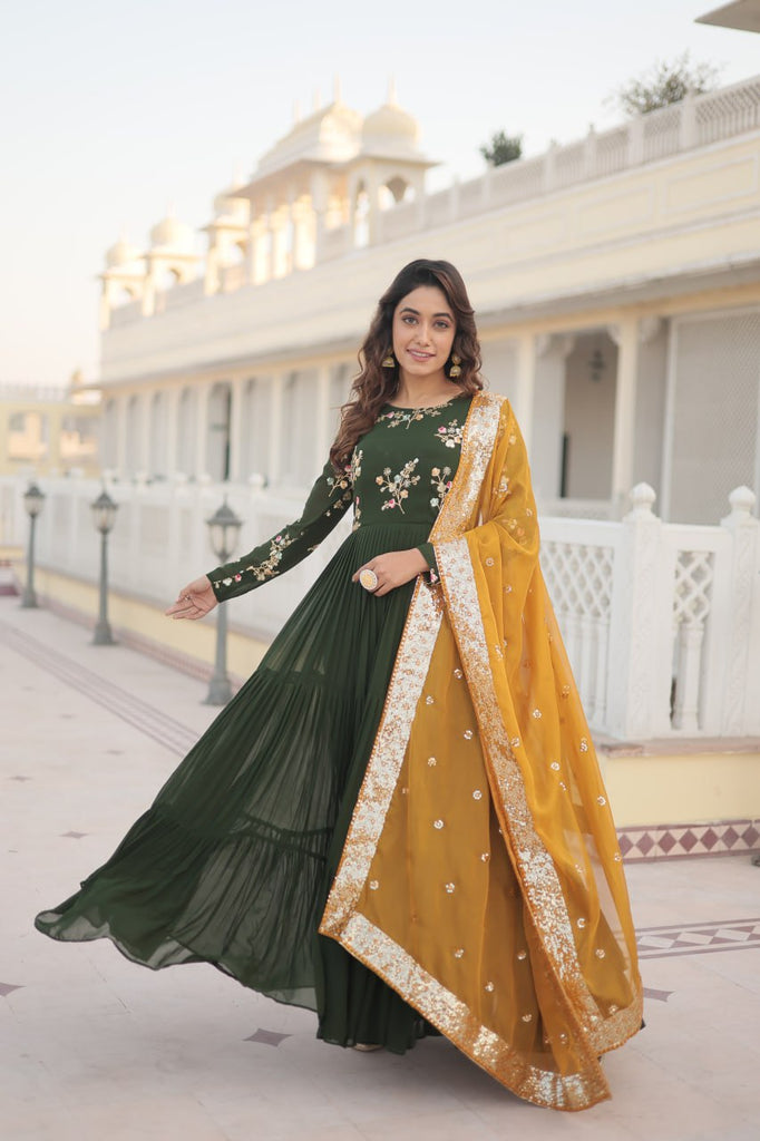 Exquisite Green Faux Georgette Gown with Embroidered Threadwork and Russian Silk Dupatta ClothsVilla