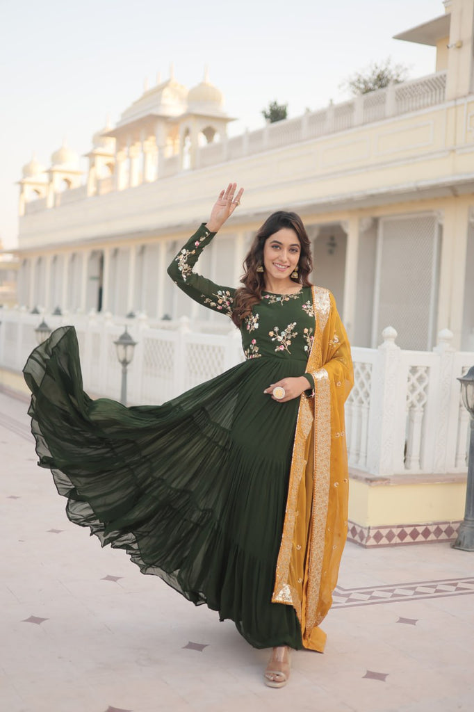 Exquisite Green Faux Georgette Gown with Embroidered Threadwork and Russian Silk Dupatta ClothsVilla