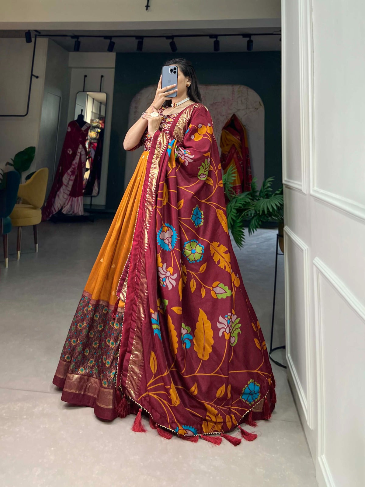 Exquisite Mustard Ready to Wear Tussar Silk Foil Print Gown with Dupatta ClothsVilla