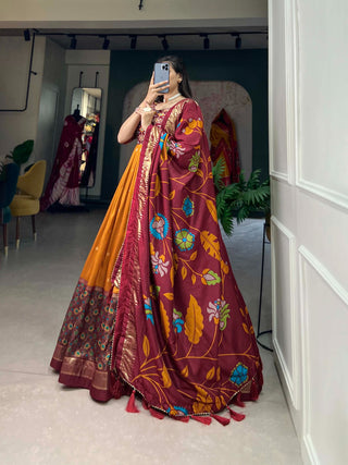 Exquisite Mustard Ready to Wear Tussar Silk Foil Print Gown with Dupatta ClothsVilla