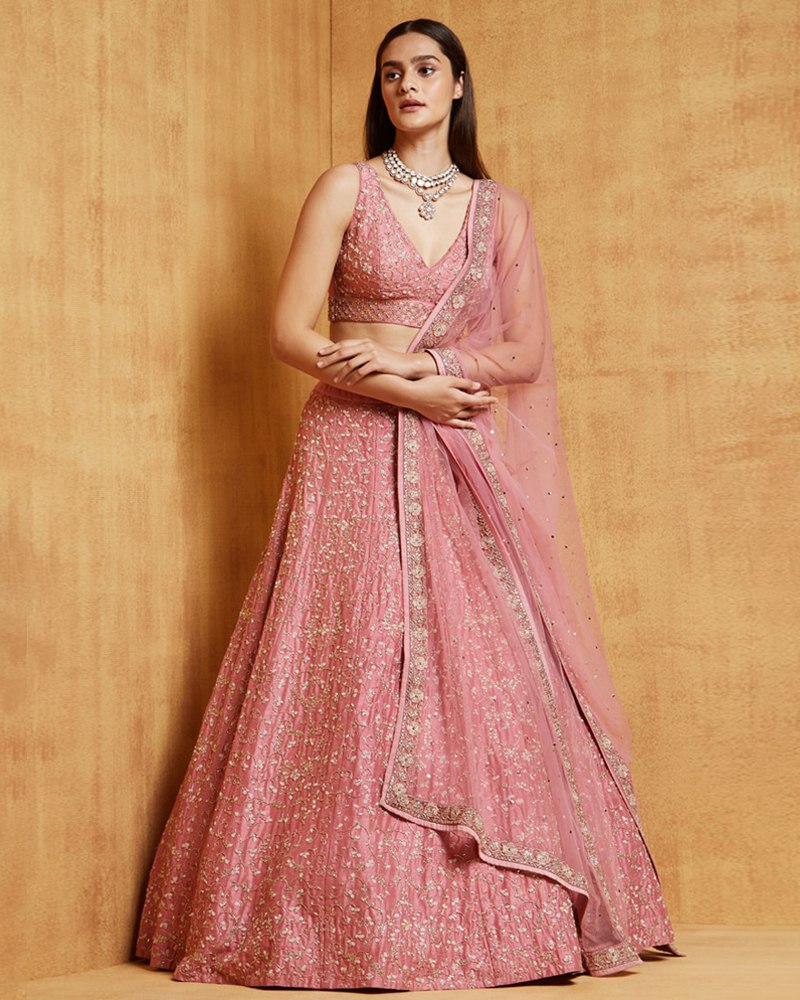 Exquisite Net Duapatta, Malai Satin Silk Pink Lehenga Choli Set with Dori, Thread & Sequence Work Secondary image