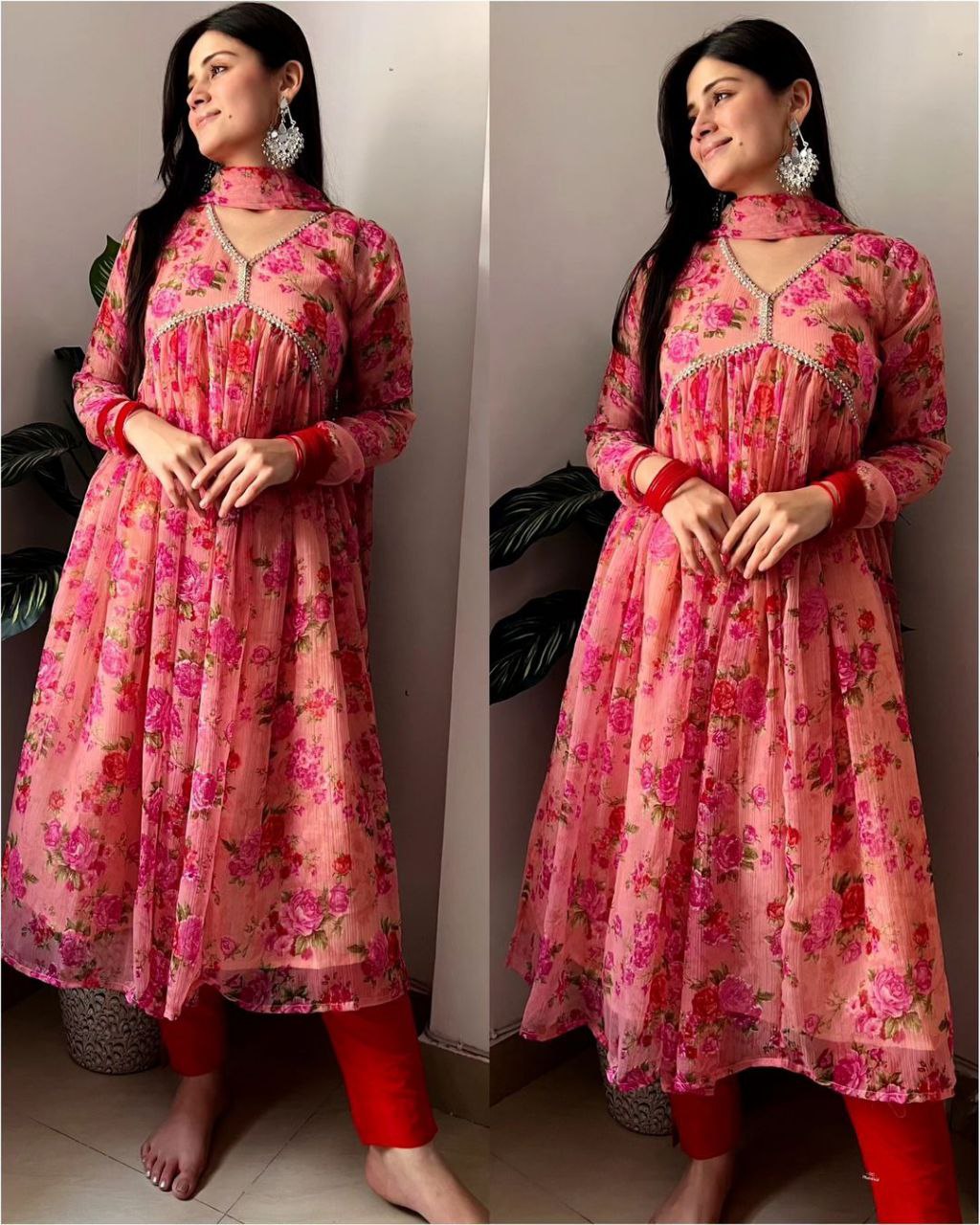 Exquisite Peach Floral Nayra Cut Kurti with Fancy Puff Sleeves & Flared Silhouette ClothsVilla