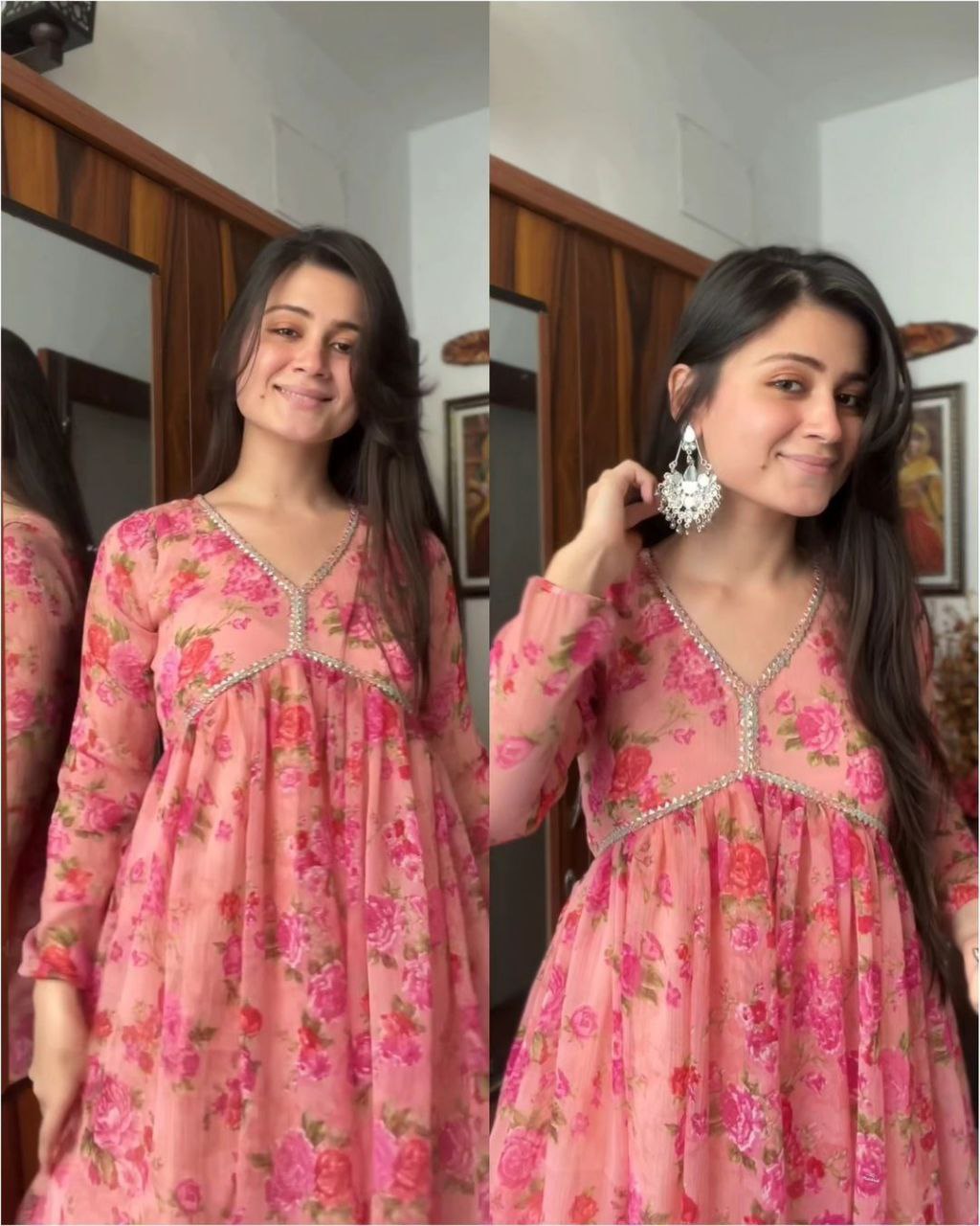 Exquisite Peach Floral Nayra Cut Kurti with Fancy Puff Sleeves & Flared Silhouette ClothsVilla