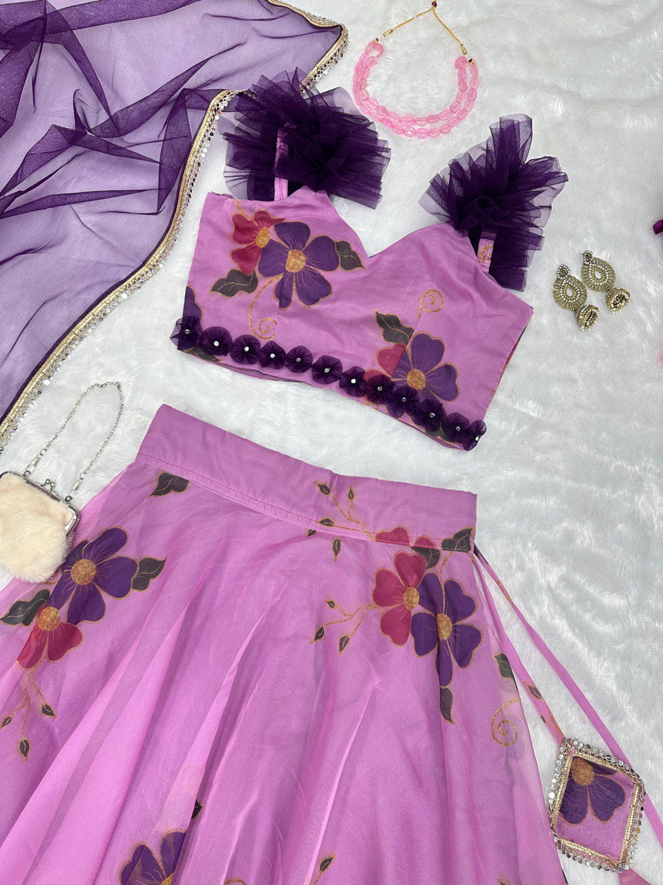 Exquisite Pink Floral Organza Lehenga with Mirrorwork - Ready to Wear ClothsVilla