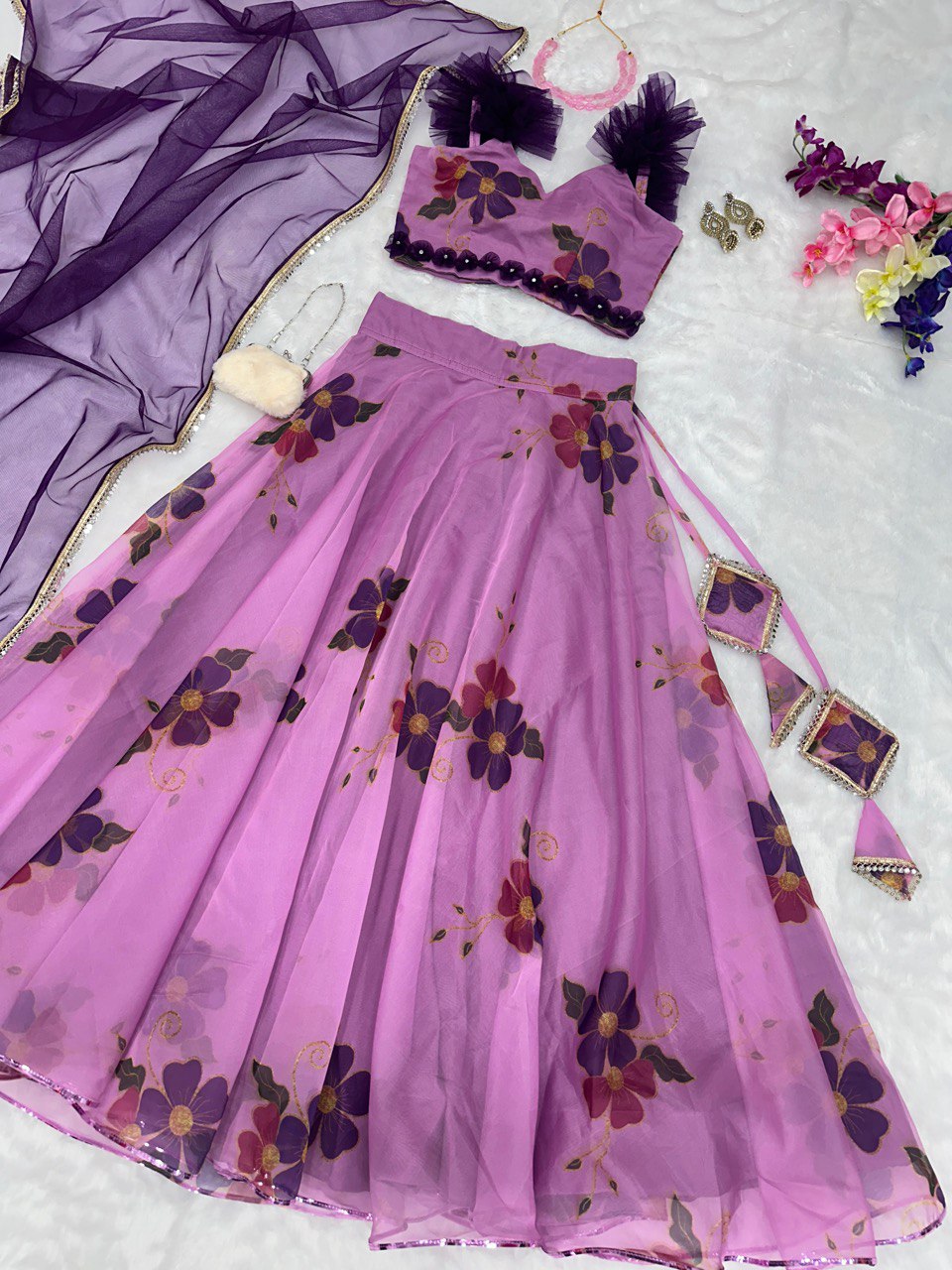 Exquisite Pink Floral Organza Lehenga with Mirrorwork - Ready to Wear ClothsVilla