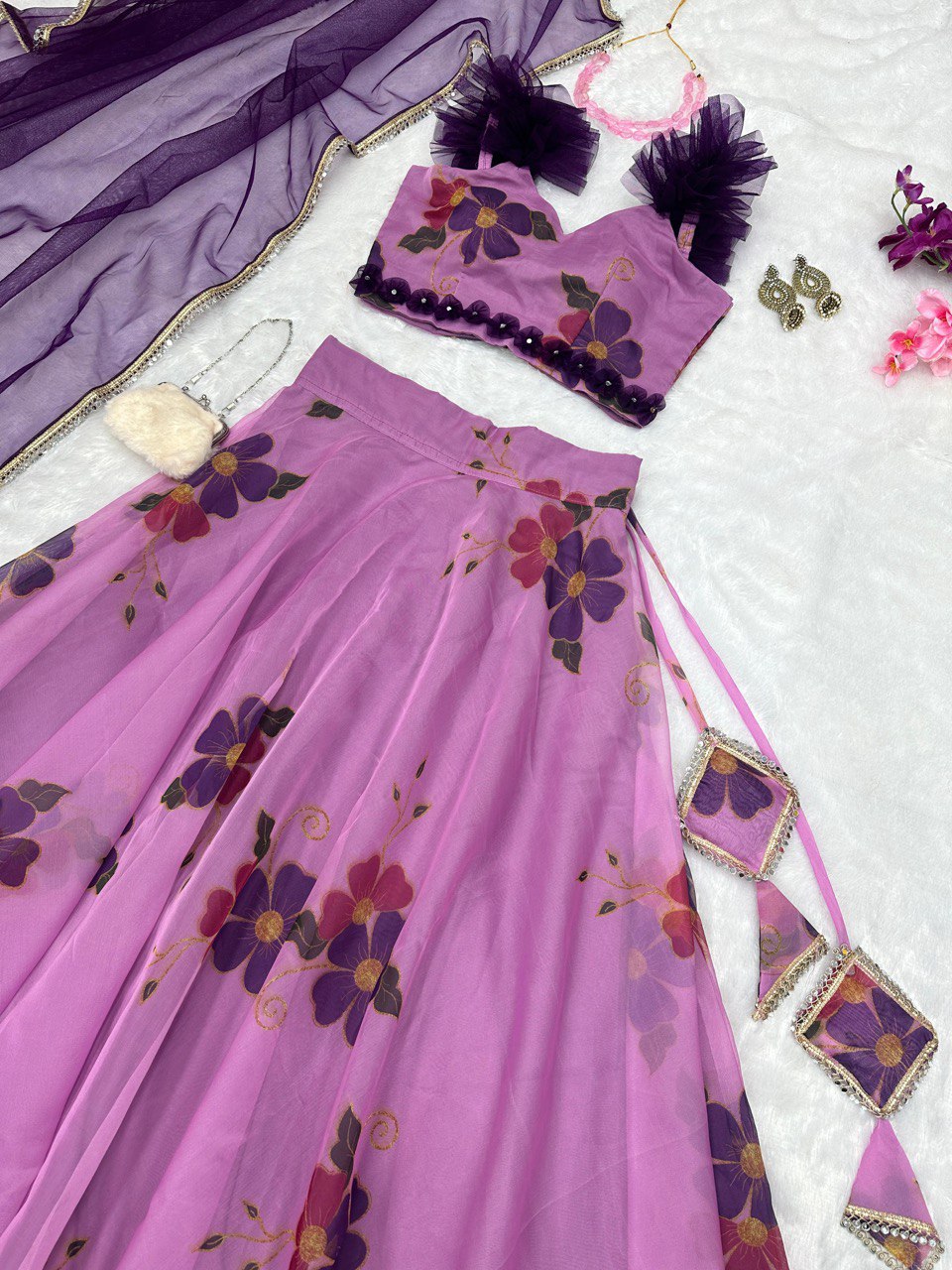 Exquisite Pink Floral Organza Lehenga with Mirrorwork - Ready to Wear ClothsVilla