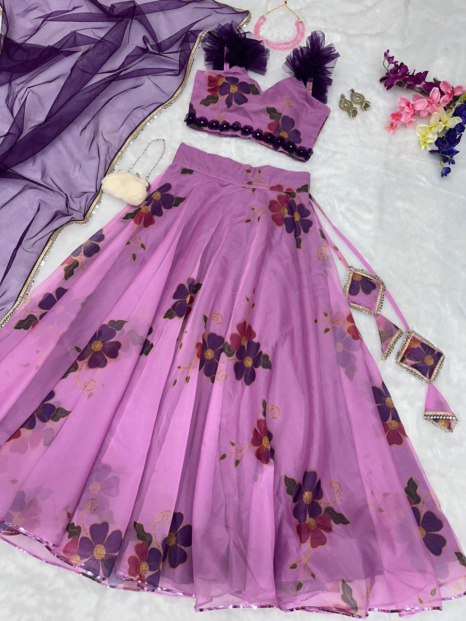 Exquisite Pink Floral Organza Lehenga with Mirrorwork - Ready to Wear ClothsVilla