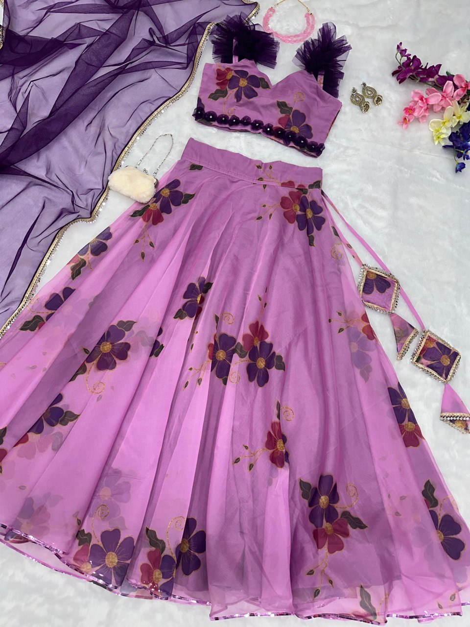 Exquisite Pink Floral Organza Lehenga with Mirrorwork - Ready to Wear ClothsVilla