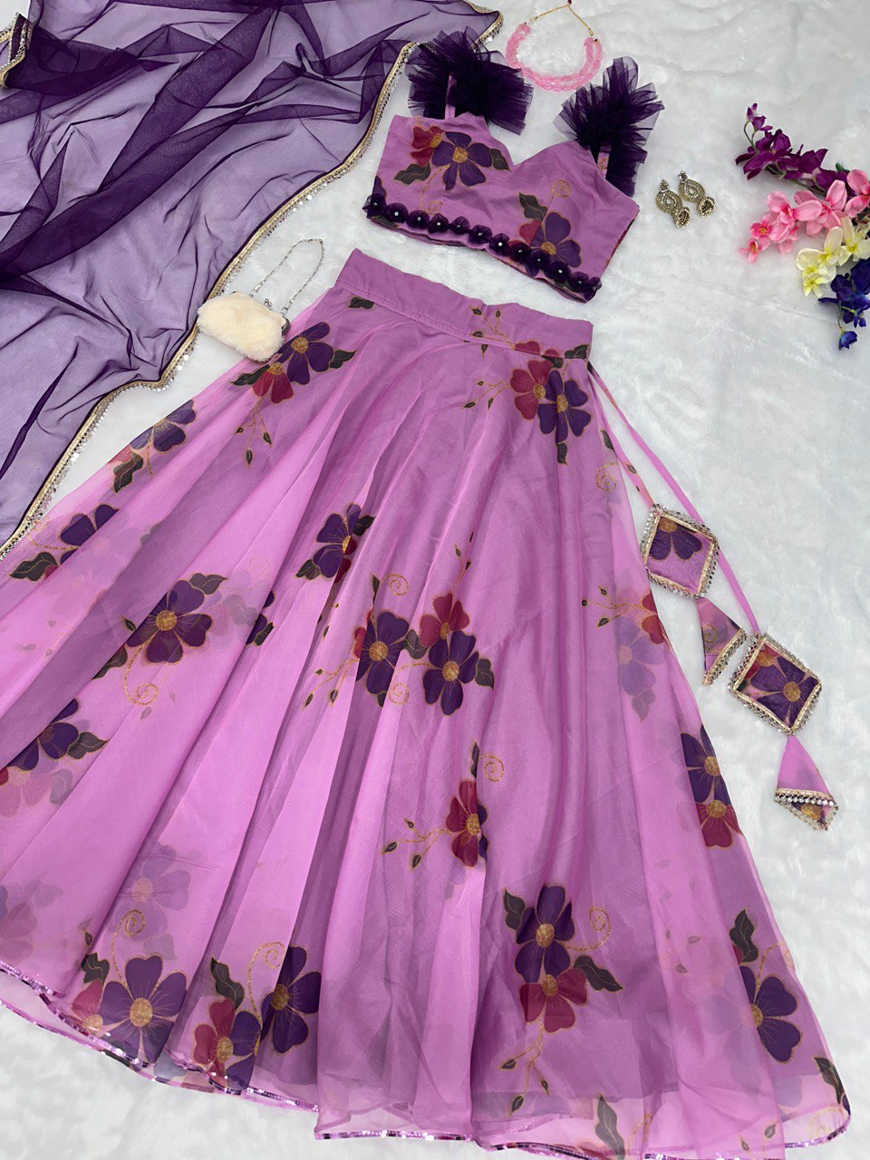 Exquisite Pink Floral Organza Lehenga with Mirrorwork - Ready to Wear ClothsVilla